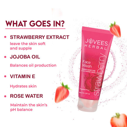 Jovees Strawberry Face Wash with Strawberry Extracts (120ml) For Normal to Dry Skin | Deep Cleansing | Soothing | Vitamin E and Jojoba | For Women & Men | For Hydrating & Glowing Skin
