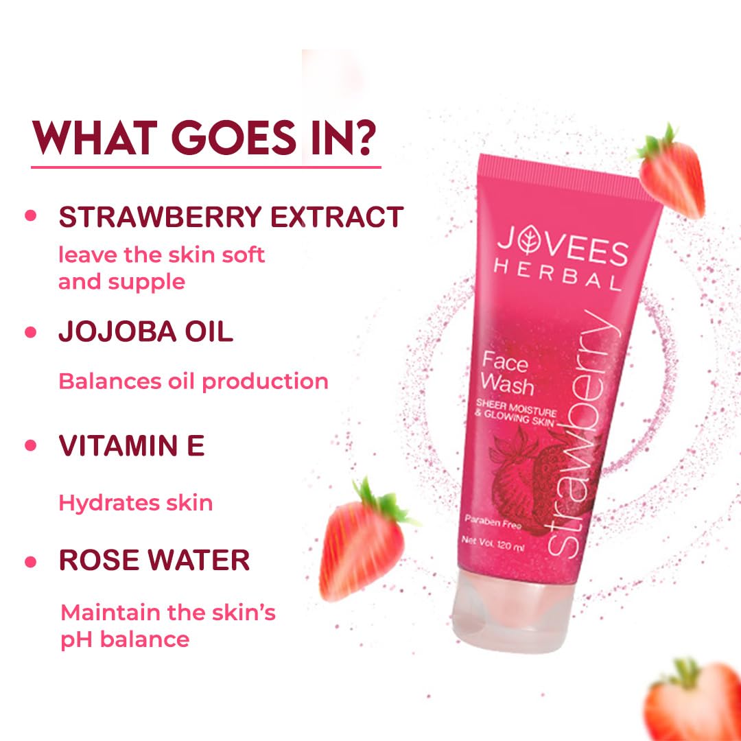 Jovees Strawberry Face Wash with Strawberry Extracts (120ml) For Normal to Dry Skin | Treats Wrinkles | Soft | Deep Cleansing | Vitamin E & Jojoba | For Women/Men | For Hydrating & Glowing Skin