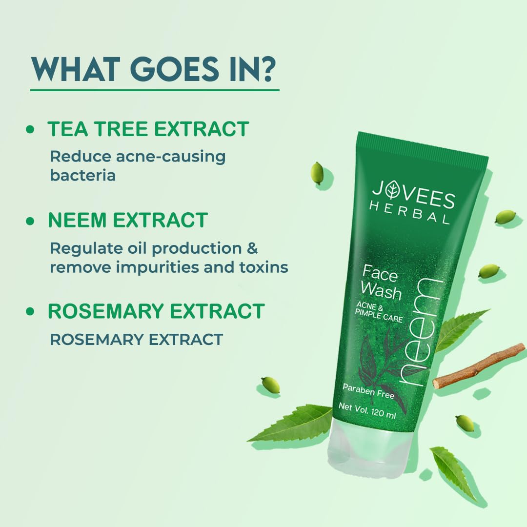 Jovees Herbal Neem Face Wash With Neem & Tea Tree Extracts (120ml) For Oily & Acne Prone Skin | Deep Cleansing | Oil Control | Remove Impurities | Prevents Pimples | All Type Skin | For Men & Women