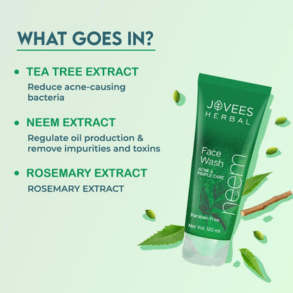 Jovees Herbal Neem Face Wash With Neem & Tea Tree Extracts (120ml) For Oily & Acne Prone Skin | Deep Cleansing | Oil Control | Remove Impurities | Prevents Pimples | All Type Skin | For Men & Women
