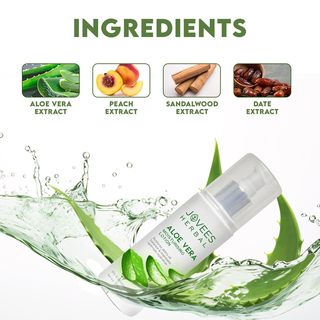Jovees Aloe Vera Moisturising Lotion (200ml) Sandal And Peach Extract | Nourishes, Heals and Hydrates Skin, Regeneration, Anti - Inflammatory | Vitamin E | For Oily & Sensitive Skin