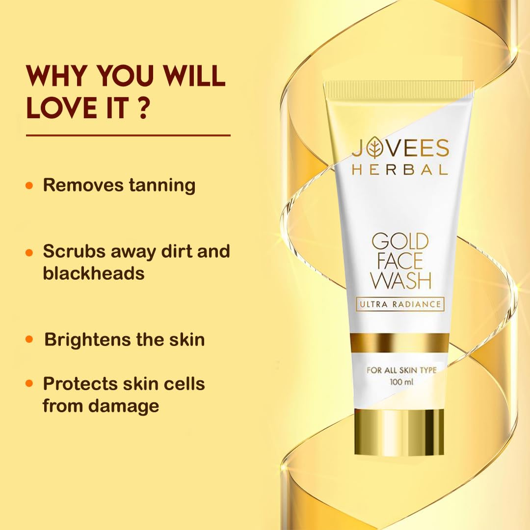 Jovees Ultra Radiance Gold Face Wash (100ml) Gives Nourished & Hydrated Skin | Reduce Dark Spot And Improves Skin Texture | Anti - Ageing For All Skin Types | Daisy Flower & Beet Root Extract