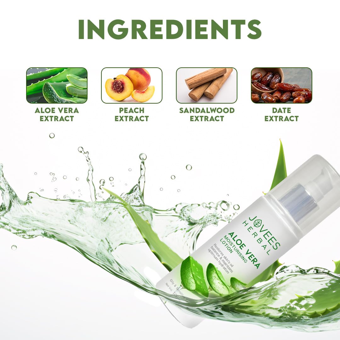 Jovees Aloe Vera Moisturising Lotion (100ml) Sandal And Peach Extract | Nourishes, Heals and Hydrates Skin, Regeneration, Anti - Inflammatory | Vitamin E | For Oily & Sensitive Skin