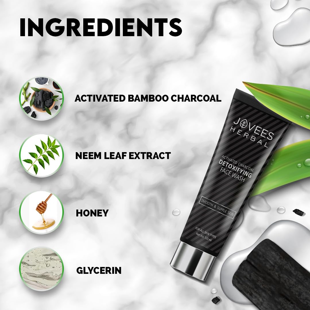 Jovees Activated Charcoal Detoxifying Face Wash (120ml) Anti Pollution | Deep Pore Cleansing | Oil Control | Removes Dirt & Impurities | Smooth Suitable for Acne Prone Skin | All Skin Types