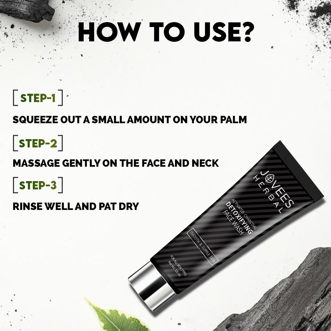 Jovees Activated Charcoal Detoxifying Face Wash (120ml) Anti Pollution | Deep Pore Cleansing | Oil Control | Removes Dirt & Impurities | Smooth Suitable for Acne Prone Skin | All Skin Types