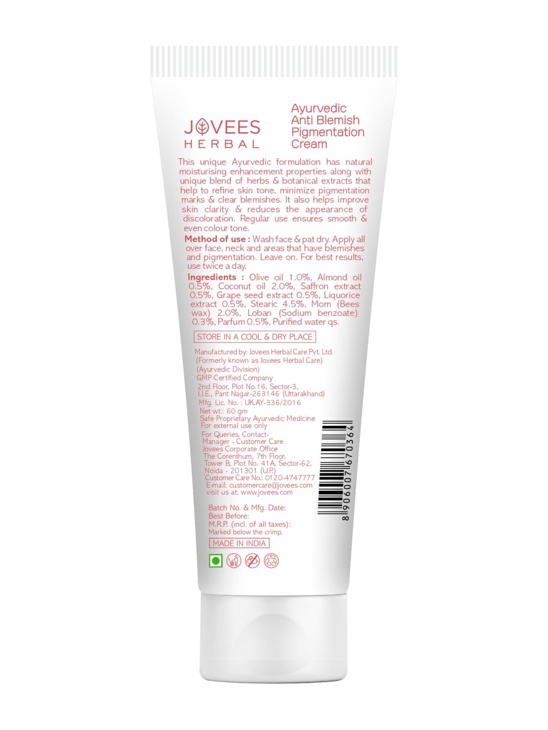 Jovees Anti Blemish Pigmentation Cream (60gm) Essence of Saffron | Reduces Dark Spots, Pigmentation & Blemish | Improves Complexion | Olive Oil | For All Skin Types