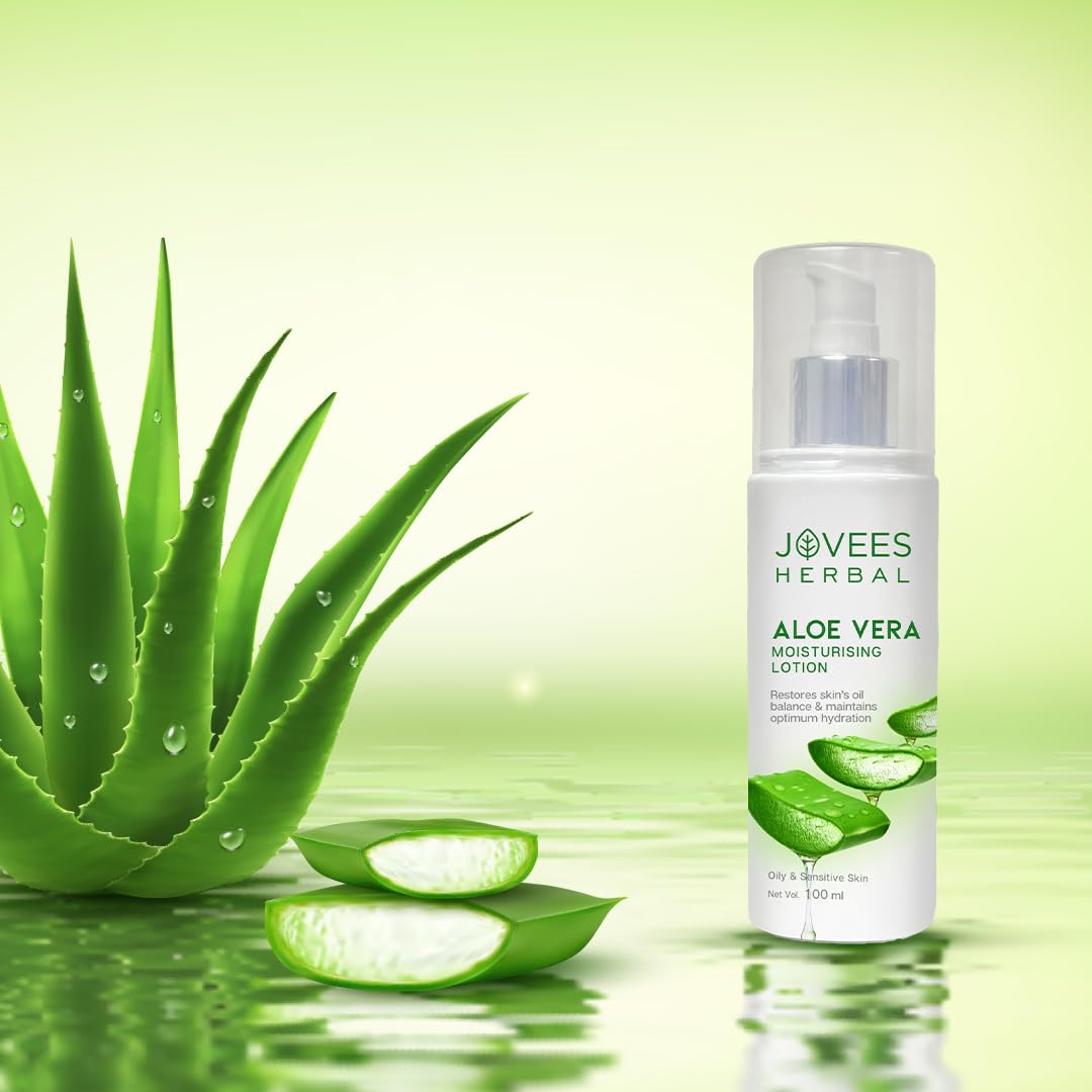 Jovees Aloe Vera Moisturising Lotion (100ml) Sandal And Peach Extract | Nourishes, Heals and Hydrates Skin, Regeneration, Anti - Inflammatory | Vitamin E | For Oily & Sensitive Skin