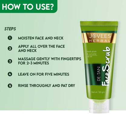 Jovees Detan Face Scrub With SPF (100gm) Contains Turmeric, Aloe Vera, Black Plum Extracts | Gently Removes Dead Skin | Removes Tanning | For All Skin Types