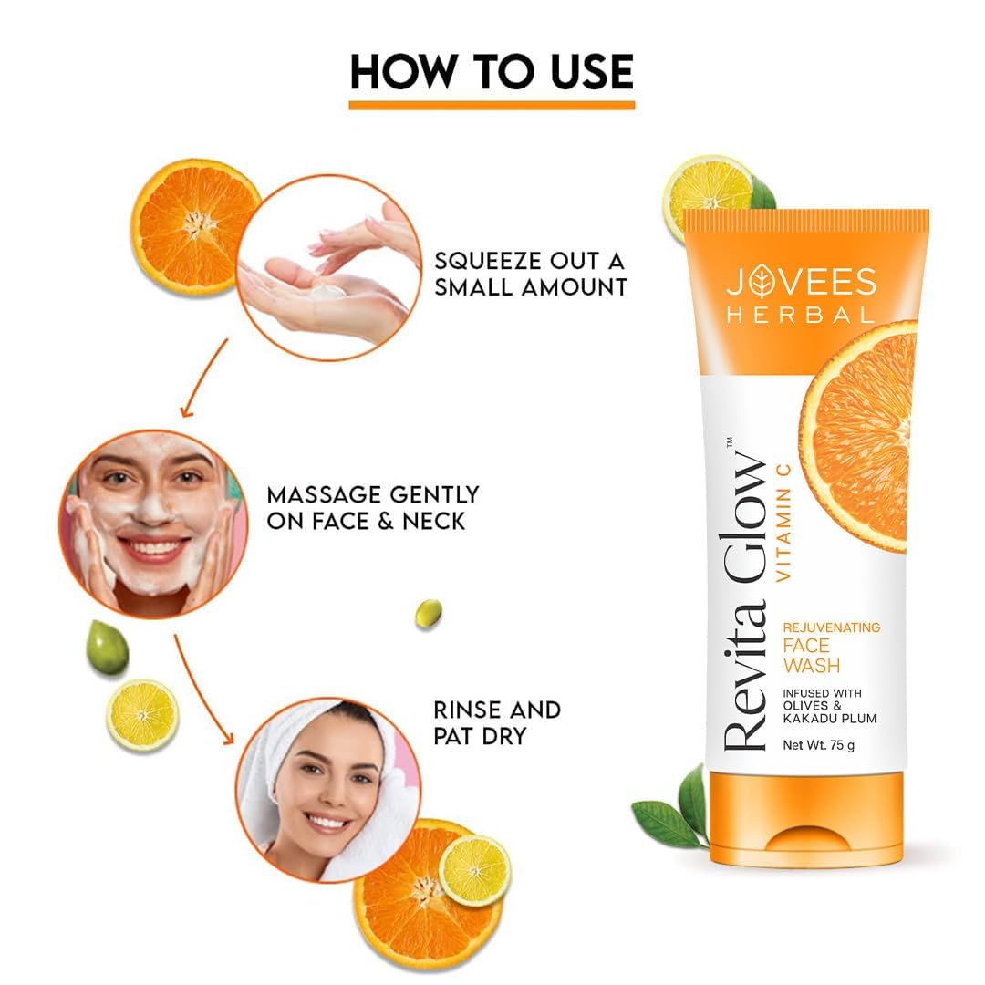 Jovees Herbal Vitamin C Face Wash (75gm) Revita Glow | Vitamin C Rejuvenating Facewash | Lightening | Brightening | Anti - Ageing | Infused with Kakadu Plum and Olives | All Skin Types