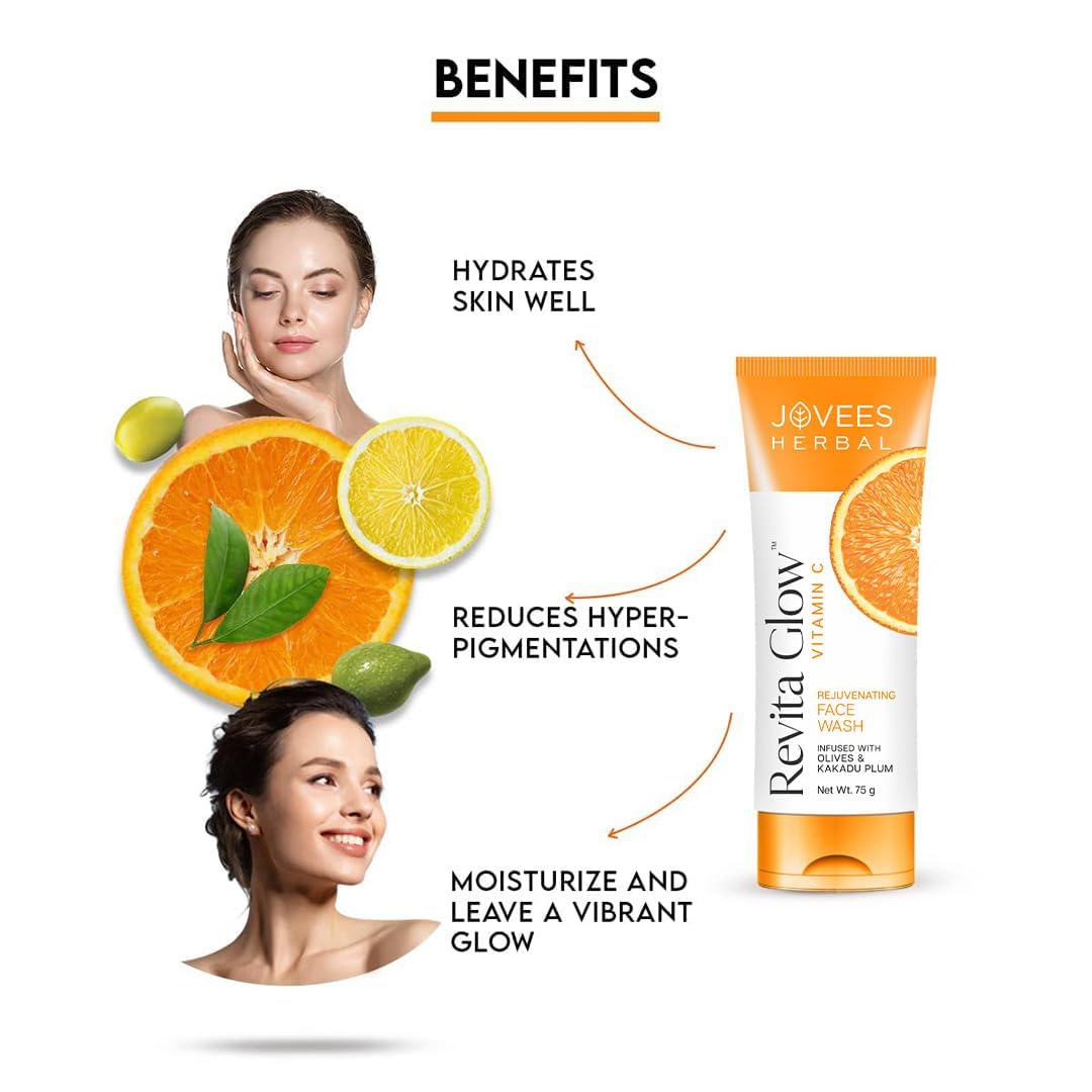 Jovees Herbal Vitamin C Face Wash (75gm) Revita Glow | Vitamin C Rejuvenating Facewash | Lightening | Brightening | Anti - Ageing | Infused with Kakadu Plum and Olives | All Skin Types