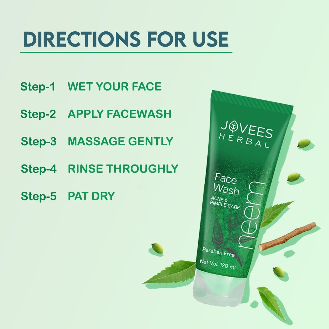 Jovees Herbal Neem Face Wash With Neem & Tea Tree Extracts (120ml) For Oily & Acne Prone Skin | Deep Cleansing | Oil Control | Remove Impurities | Prevents Pimples | All Type Skin | For Men & Women
