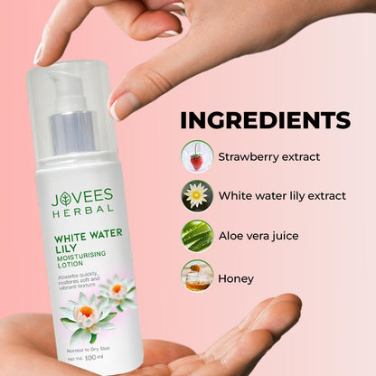 Jovees White Water Lily Moisturizing Lotion (100ml) For Normal to Dry Skin | Lightweight, Non - Sticky, Optimum Moisturization | Aloe Vera Juice | Strawberry Extract | 100% Natural