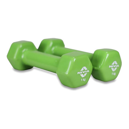 Nivia Vinyl Dumbbells of 2Kg (4.4LB) Includes 2 Dumbbells of 1Kg (2.2LB) | Green | Material : Vinyl Coat on Iron | For Men and Women to do Strength & Fitness Training