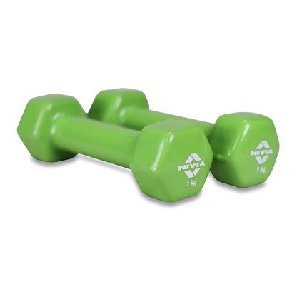 Nivia Vinyl Dumbbells of 2Kg (4.4LB) Includes 2 Dumbbells of 1Kg (2.2LB) | Green | Material : Vinyl Coat on Iron | For Men and Women to do Strength & Fitness Training