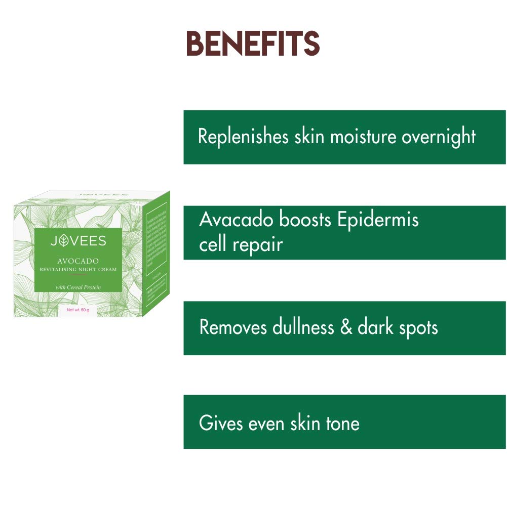 Jovees Night Cream with Avocado for Younger and Glowing (50gm) With Cereal Protein | Revitalising | Refreshes | Relax | Jojoba & Almond Oil | All Skin Types