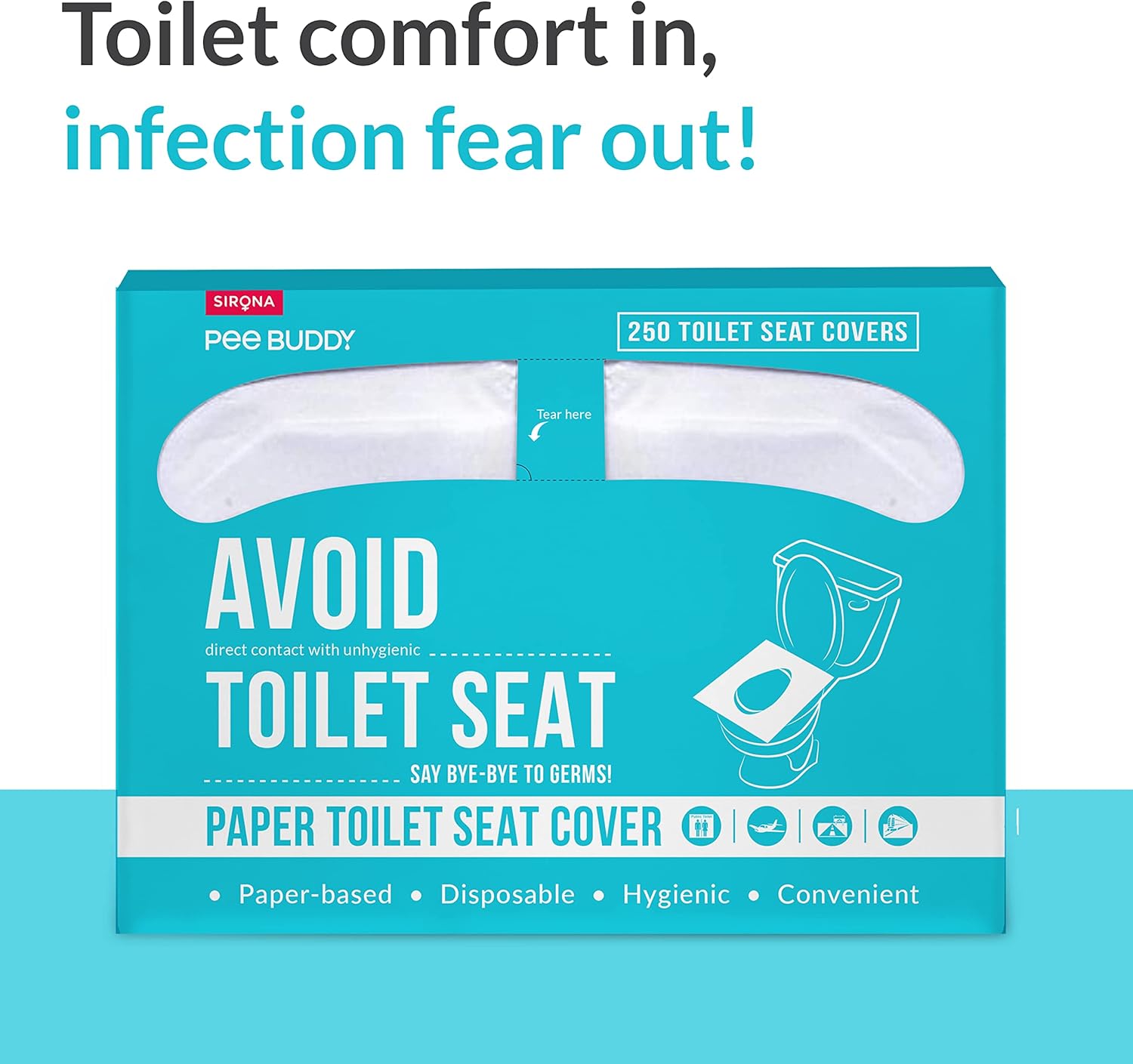 Box of Sirona Pee Buddy toilet seat covers with text on a blue background