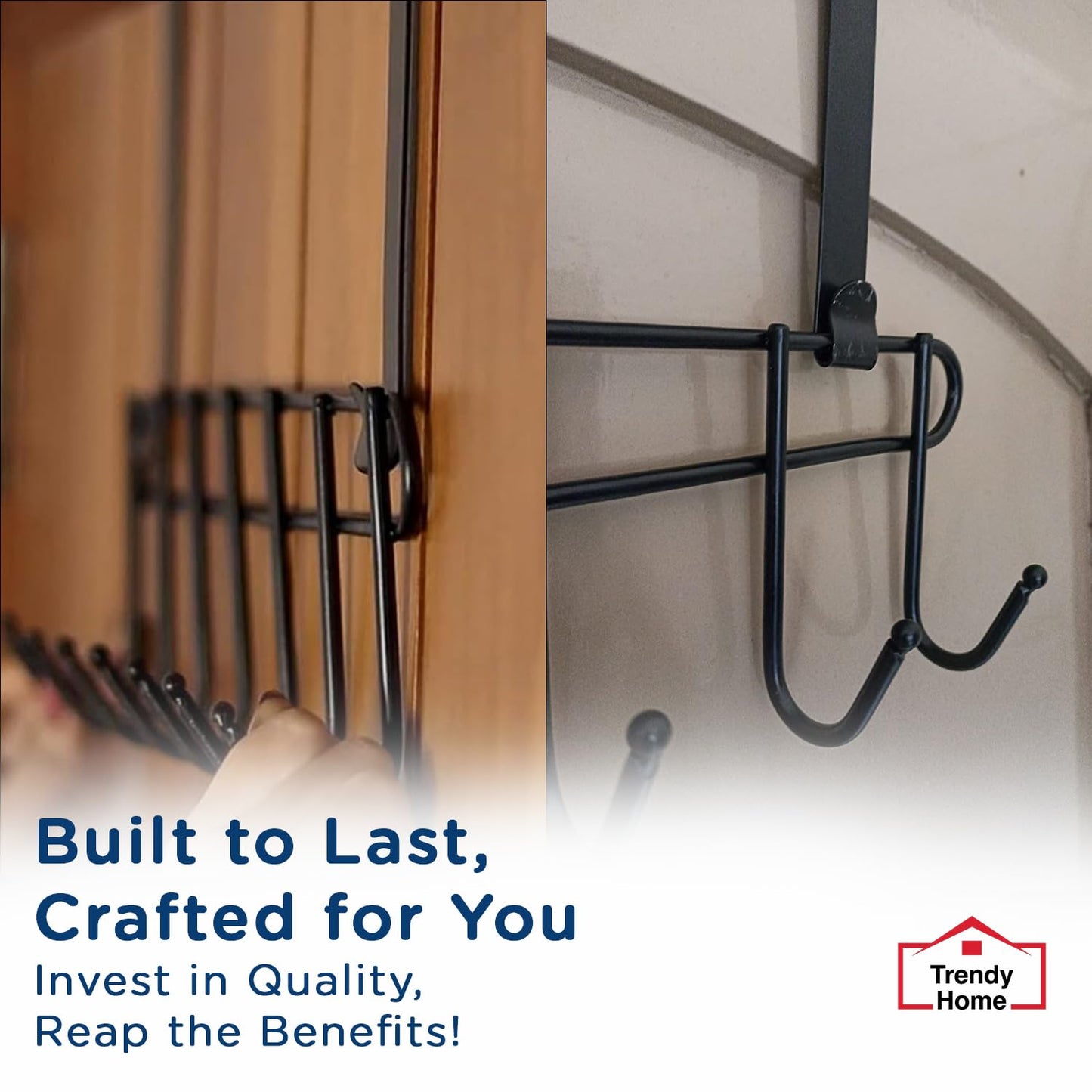 Trendy Home Over-The-Door Hook (Pack of 2) Heavy-Duty Over Door Hanger Holder for Coat Hanging, Robe, Hat, Clothes, Towels, Bathroom Organiser, Towel Rack, 7 Hooks, Matte Black