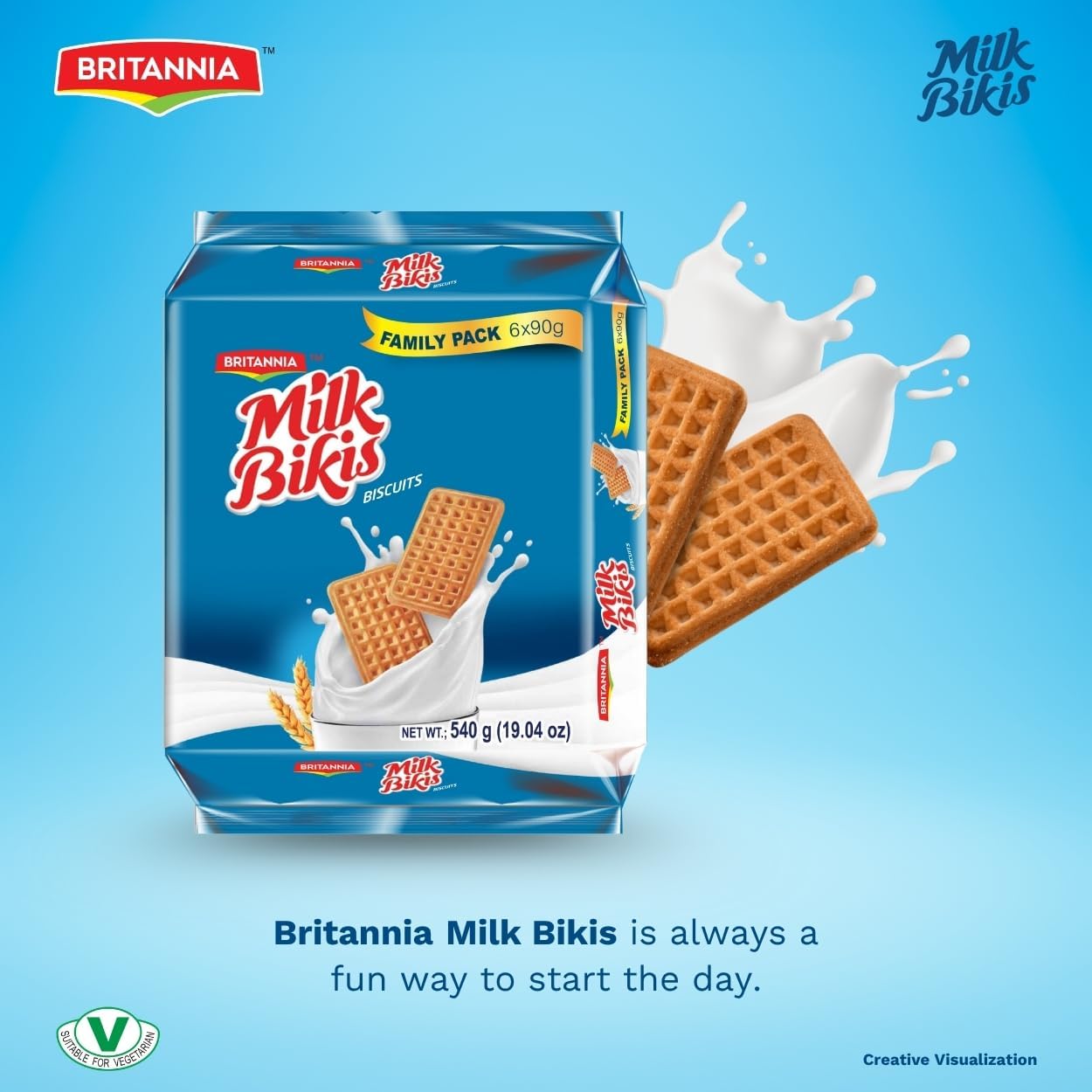 Britannia Milk Bikis Biscuits (90g) | Kids Favorite Breakfast & Tea Time Snacks (Pack of 8)