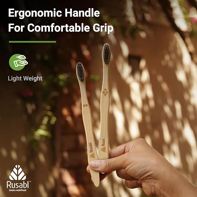 Rusabl Organic Bamboo Toothbrush for Adults (Pack of 4) Manual, Charcoal Activated Soft Bristles, Identification Marks, Biodegradable, Anti-Bacterial, Eco-friendly, Natural