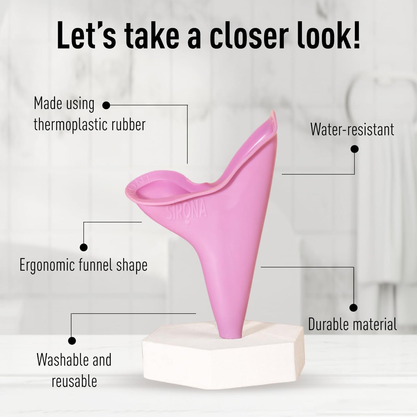 Pink menstrual cup with features listed on a gray background