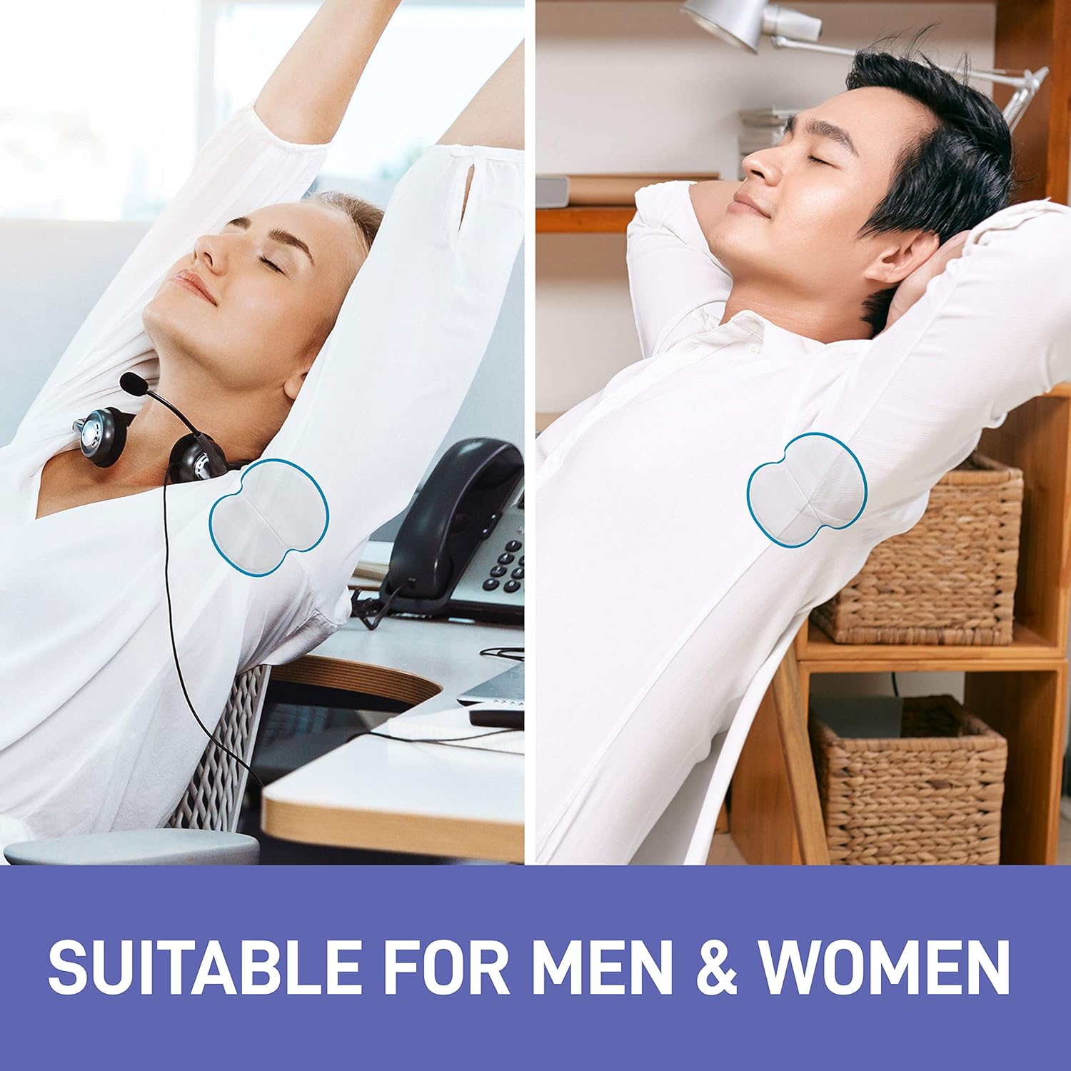 Two people using a neck and shoulder massager in an office setting with text 'Suitable for Men & Women'.