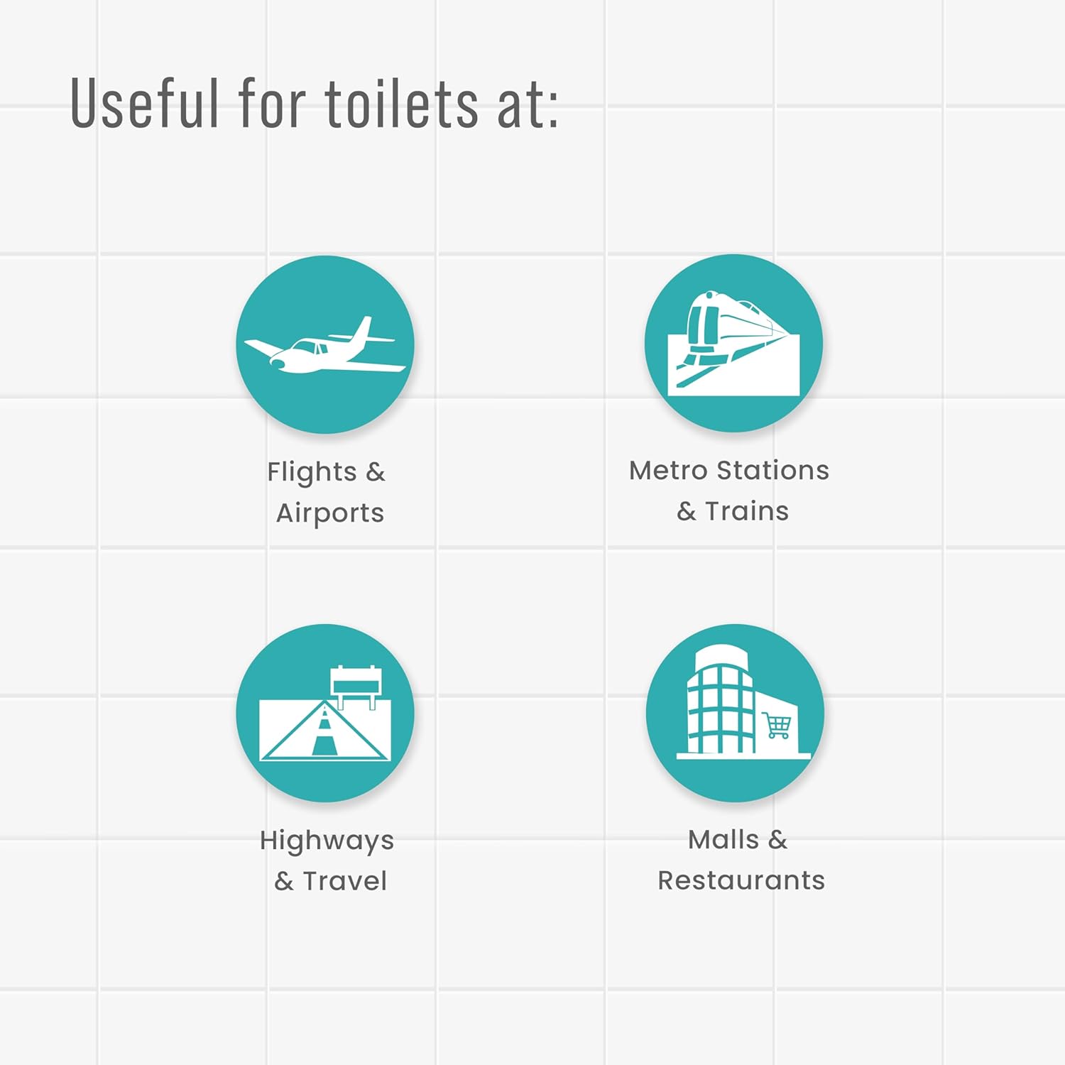 Icons and text indicating locations where toilets are useful, including flights & airports, metro stations & trains, highways & travel, and malls & restaurants.