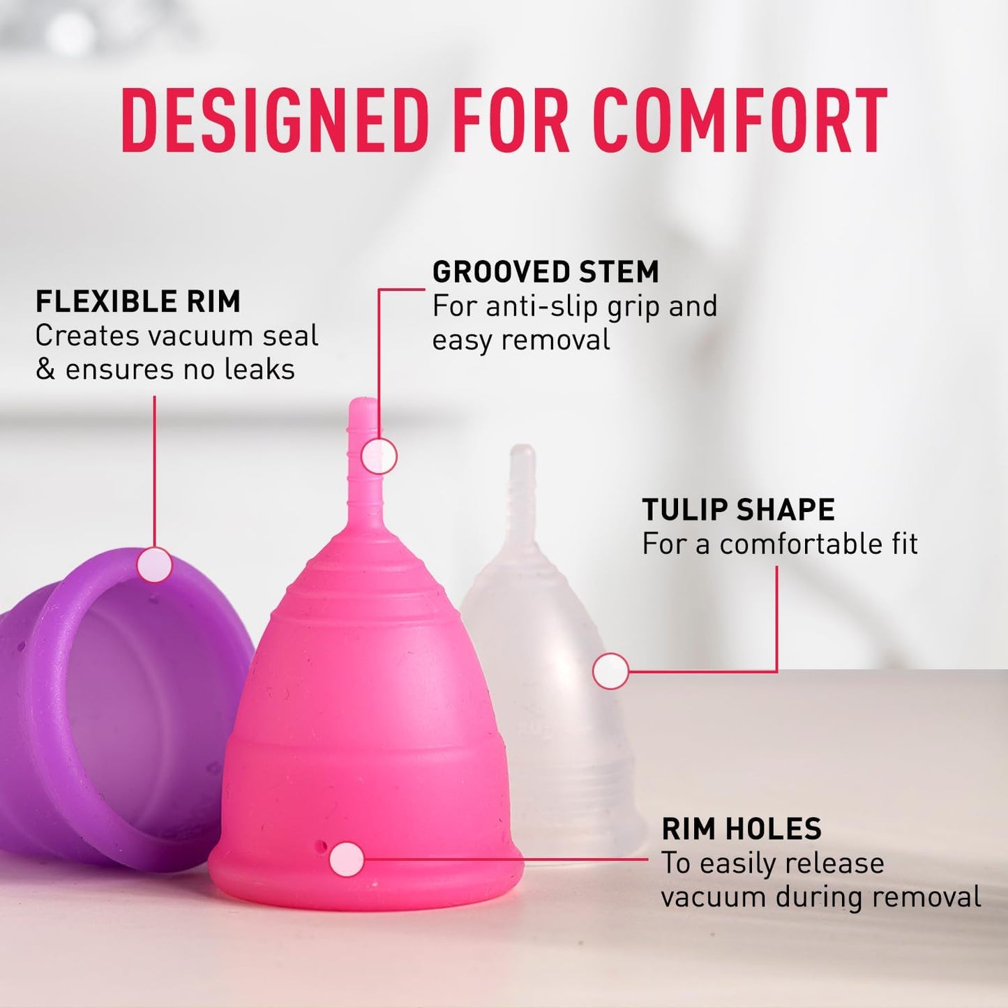 Menstrual cup with features highlighted on a white background