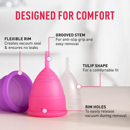 Menstrual cup with features highlighted on a white background