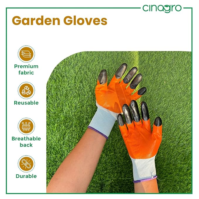 Cinagro Garden Gloves for Gardening Work, Durable Hand Gloves for Home Garden Use, Essential Gardening Accessories for Plant Care, Digging, Weeding & Outdoor Tasks, Reusable Protective Gloves (Orange)