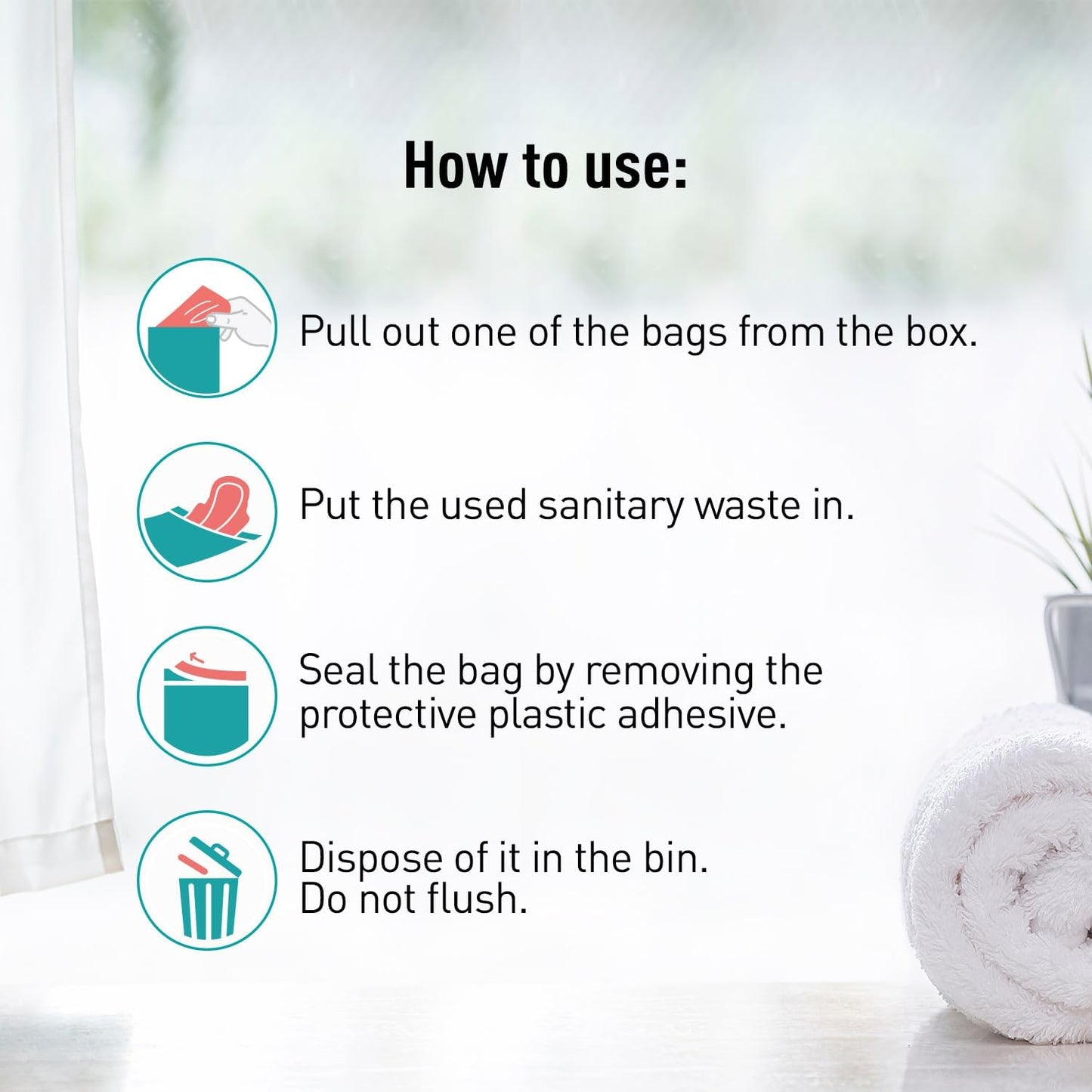 Instructions on how to use sanitary waste bags with a blurred background