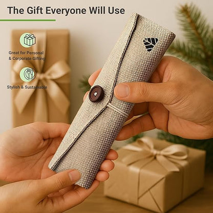 Rusabl Stainless Steel Cutlery Set | Reusable Travel Flatware for Daily Use, Gifting and Traveling (Spoon, Fork, Steel Straw, Straw Cleaner, Napkin in Beige Jute Pouch)