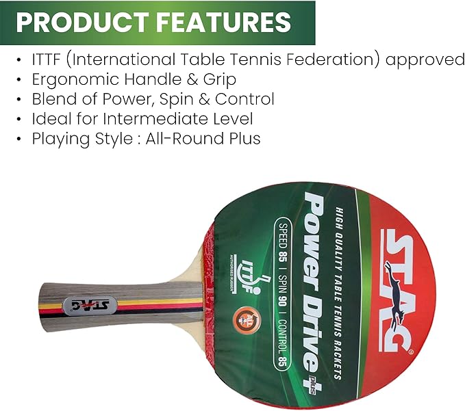 Stag Power Drive Plus Table Tennis Racquet(Multi- Colour, 174 Grams, Intermediate)