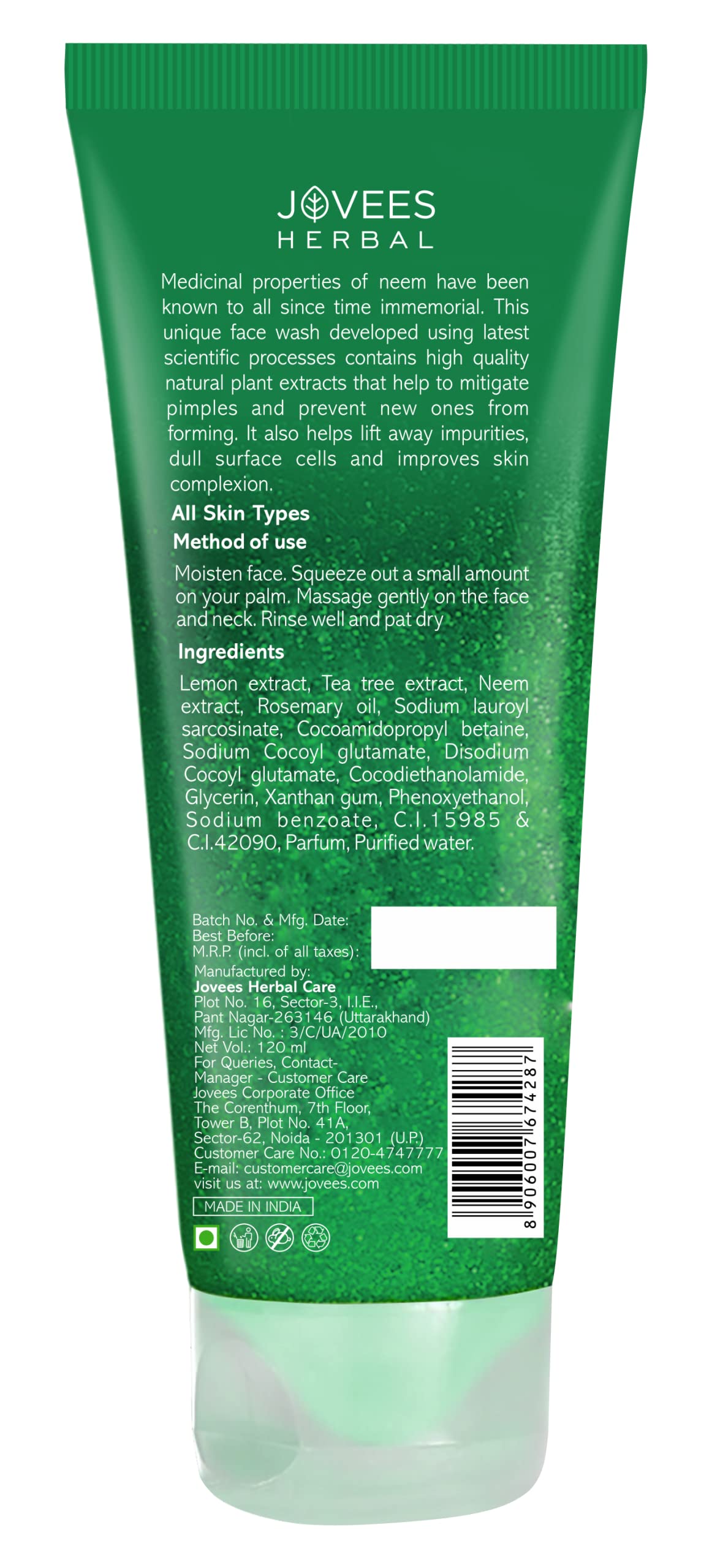 Jovees Herbal Neem Face Wash With Neem & Tea Tree Extracts (120ml) For Oily & Acne Prone Skin | Deep Cleansing | Oil Control | Remove Impurities | Prevents Pimples | All Type Skin | For Men & Women