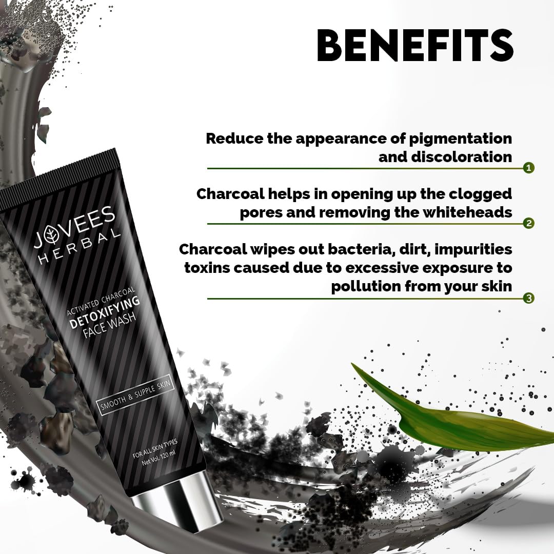 Jovees Activated Charcoal Detoxifying Face Wash (120ml) Anti Pollution | Deep Pore Cleansing | Oil Control | Removes Dirt & Impurities | Smooth Suitable for Acne Prone Skin | All Skin Types