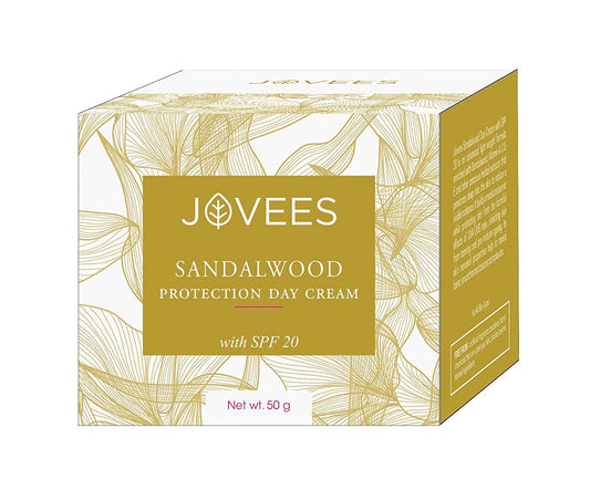 Jovees Sandalwood Protection Day SPF 20 Cream For Oily, Sensitive, Dry Skin (50gm) Light Weight & Non Greasy | Protects From Tanning & Pre - Mature Ageing | Almond Oil (Sunscreen/Day cream)