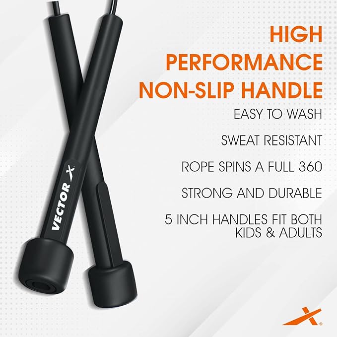 Vector X VXF 684 Skipping Rope, Jumping Rope, Skip Rope for Men & Women (Black, Free Size -Adjustable) | Material -Nylon | For Cardio Workout | Warmup | Weight Loss | Training | Exercise Rope