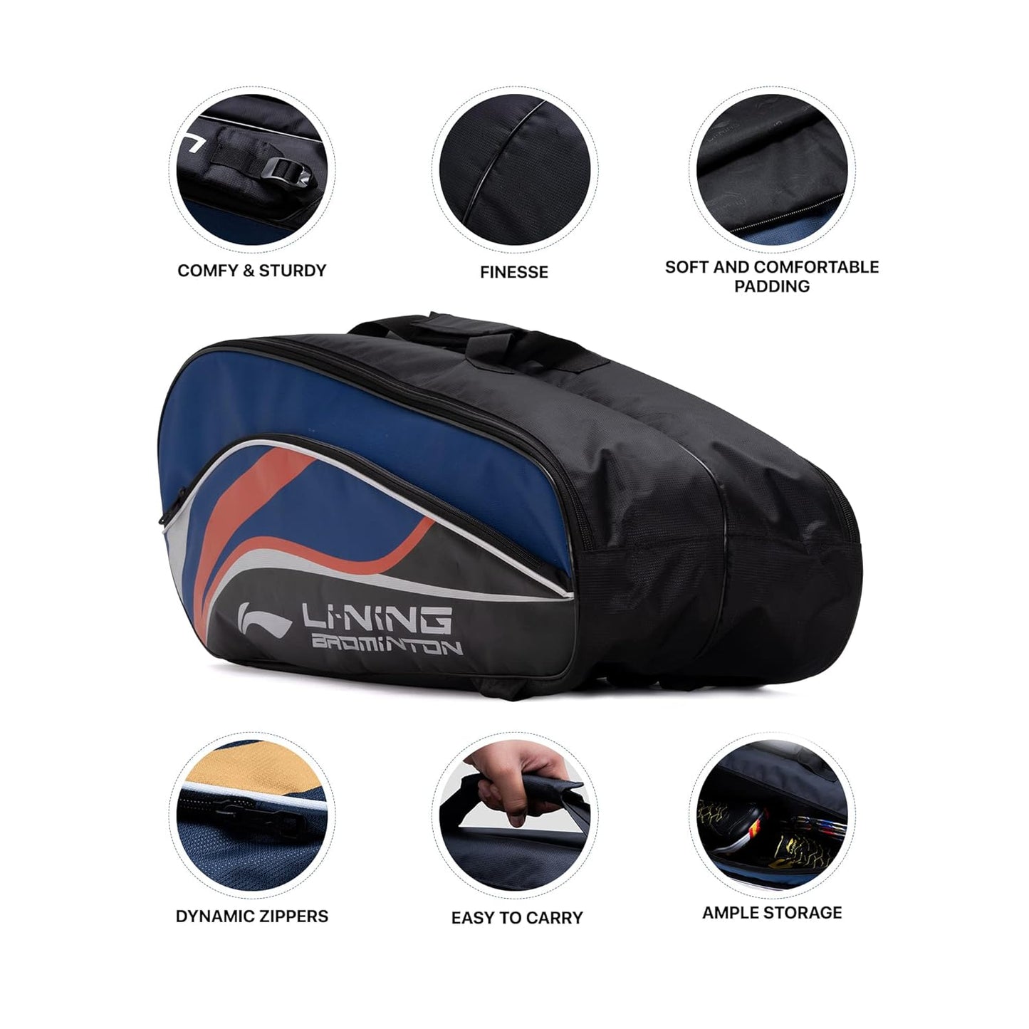 Li-Ning Panther Double Zipper Polyester Badminton Kit Bag | Stash Pocket | Ample Storage | Unisex - Men, Boys, Girls, Women