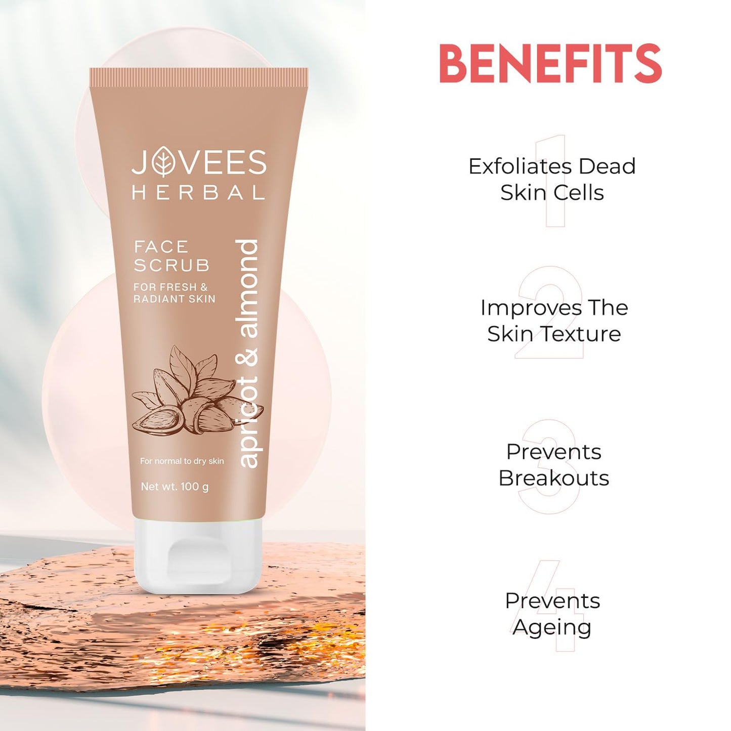 Jovees Apricot & Almond Face Scrub with Almond (100gm) Apricot & Wheatgerm Oil | Gently Removes | Dead Skin Cells | Reduces Pigmentation | For Normal & Dry Skin