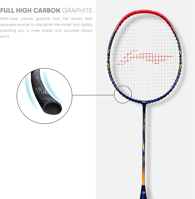 Li-Ning G - Force 3500 Superlite Carbon Fibre Strung Badminton Racket with Full Racket Cover (Navy/Red) | For Intermediate Players | 78 grams | Maximum String Tension - 32lbs