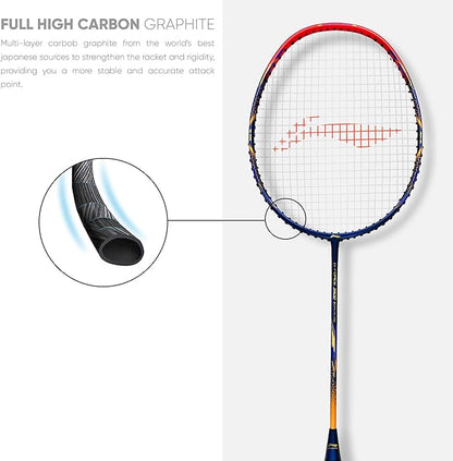 Li-Ning G - Force 3500 Superlite Carbon Fibre Strung Badminton Racket with Full Racket Cover (Navy/Red) | For Intermediate Players | 78 grams | Maximum String Tension - 32lbs