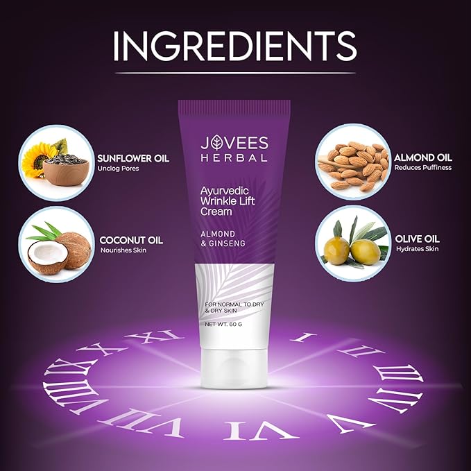 Jovees Almond & Ginseng Wrinkle Lift Face Cream (60gm) Reduce Wrinkles Anti - Wrinkle & Anti - Ageing Face Cream | Olive Oil, Sunflower Oil | All Skin Types