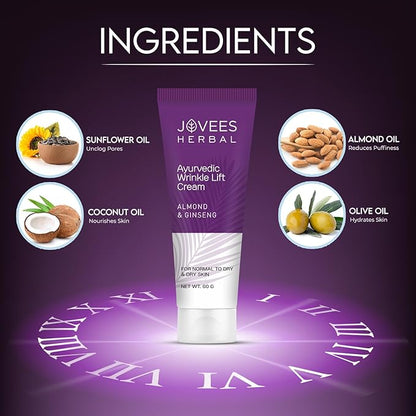 Jovees Almond & Ginseng Wrinkle Lift Face Cream (60gm) Reduce Wrinkles Anti - Wrinkle & Anti - Ageing Face Cream | Olive Oil, Sunflower Oil | All Skin Types
