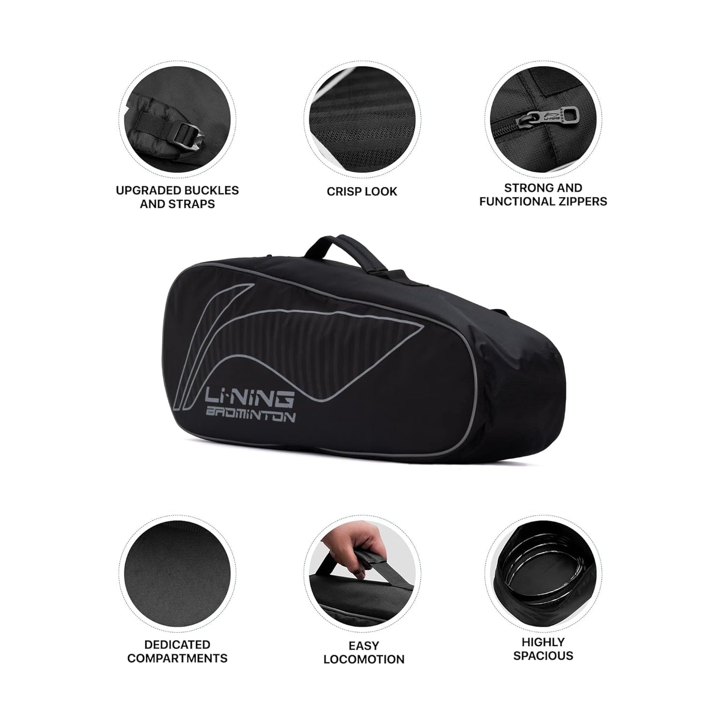 Li-Ning All Star Single Zip Polyester Badminton Kit Bag (Black , Large)  | Dedicated Compartments | Unisex - Men, Boys, Girls, Women