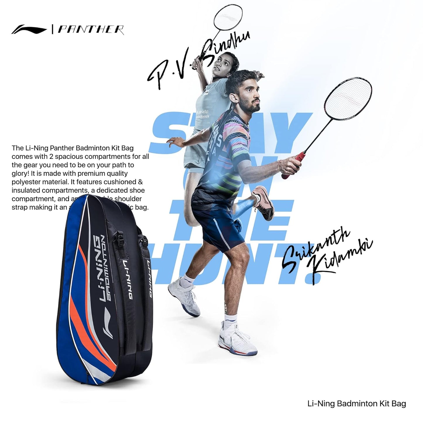 Li-Ning Panther Double Zipper Polyester Badminton Kit Bag | Stash Pocket | Ample Storage | Unisex - Men, Boys, Girls, Women