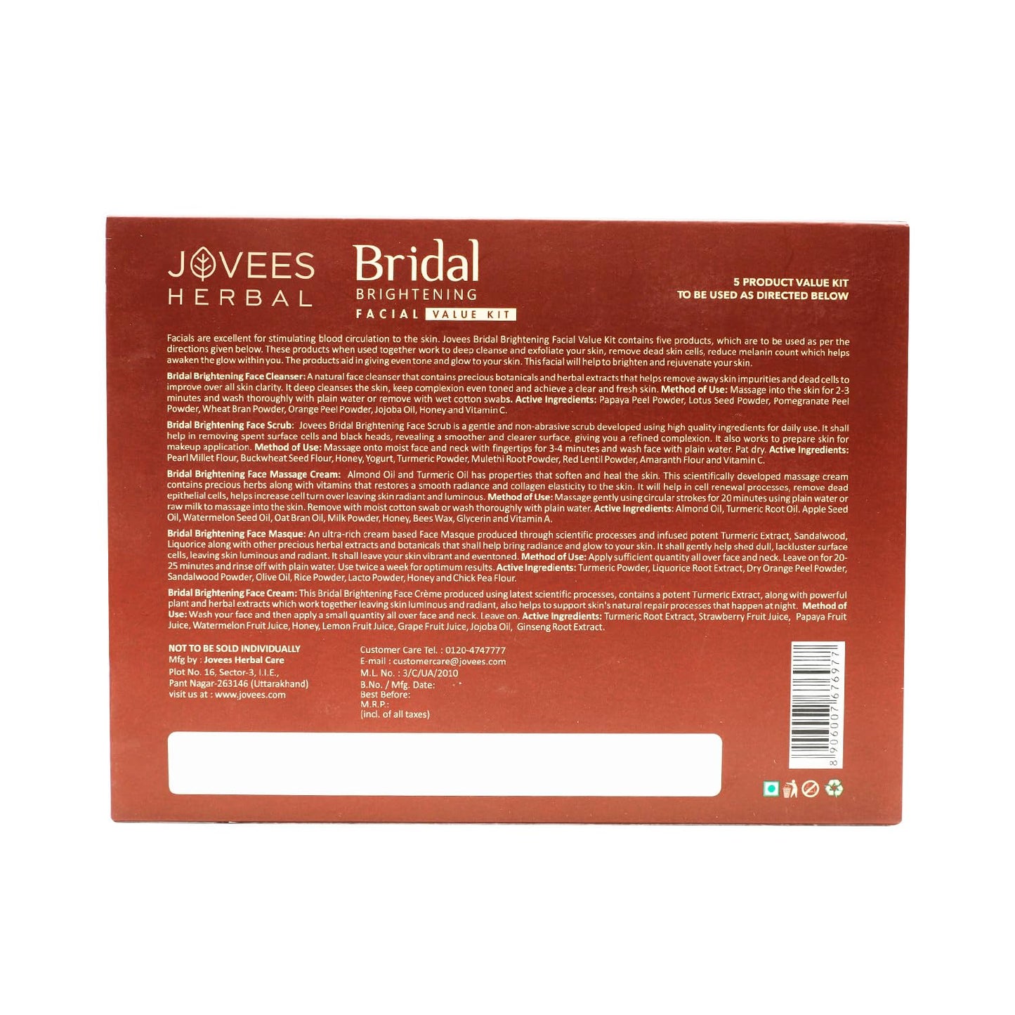 Jovees Bridal Kit (265gm) with 5 Essentials - Brightening Face Cleanser, Brightening Face Scrub, Brightening Face Massage Cream, Bridal Brightening Face Masque, Brightening Face Cream | Improves Skin