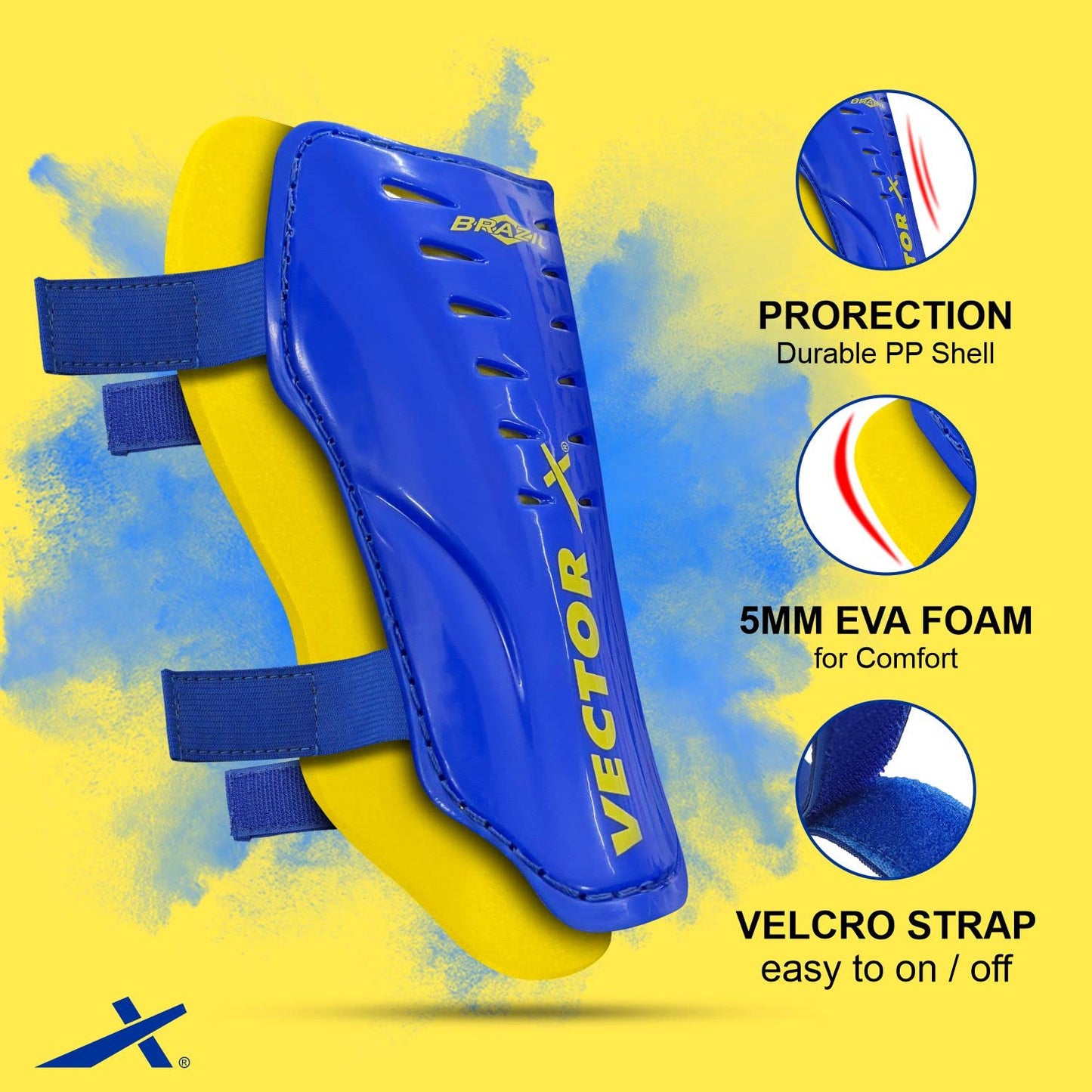 Vector X Football Shinguard with Adjustable Velcro for Boys Kids ( Blue/Yellow, Small/Medium)  | for Football Games Matches, Training | Light Weight & Breathable