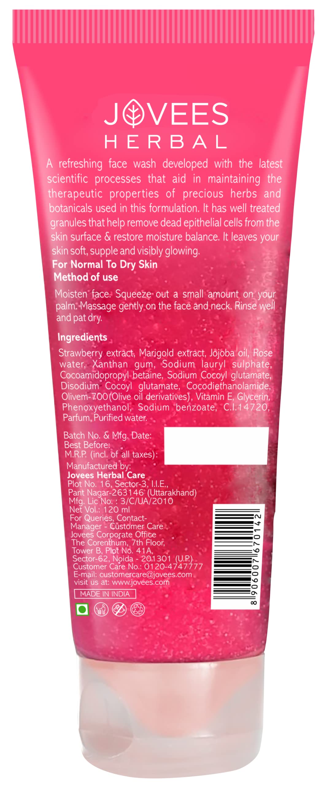 Jovees Strawberry Face Wash with Strawberry Extracts (120ml) For Normal to Dry Skin | Treats Wrinkles | Soft | Deep Cleansing | Vitamin E & Jojoba | For Women/Men | For Hydrating & Glowing Skin