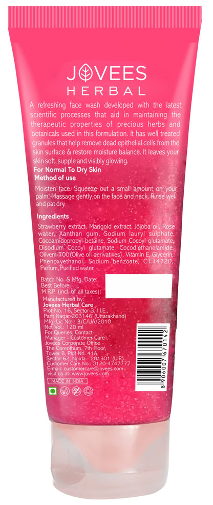 Jovees Strawberry Face Wash with Strawberry Extracts (120ml) For Normal to Dry Skin | Treats Wrinkles | Soft | Deep Cleansing | Vitamin E & Jojoba | For Women/Men | For Hydrating & Glowing Skin
