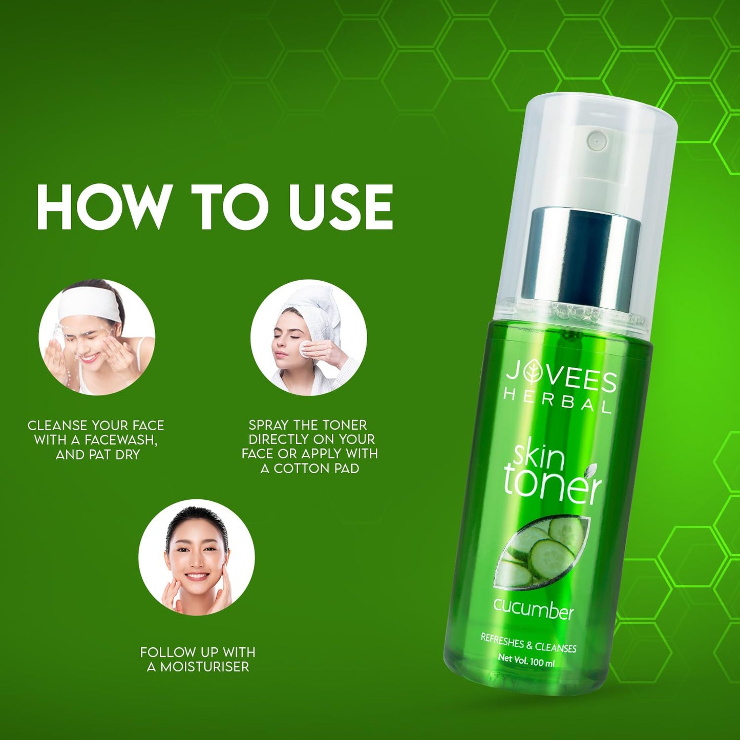 Jovees Herbal Cucumber Skin Toner (100ml) Toner for Oily & Acne Prone Skin | Cleansing Hydrating And Pore Tightening | 100% Natural | Aloe Vera | Paraben & Alcohol Free | All Skin Types
