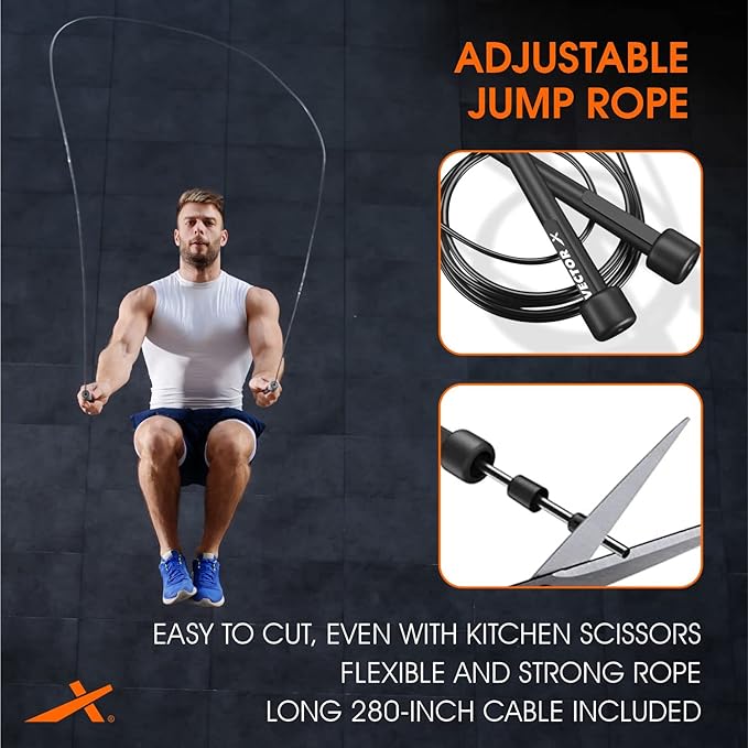 Vector X VXF 684 Skipping Rope, Jumping Rope, Skip Rope for Men & Women (Black, Free Size -Adjustable) | Material -Nylon | For Cardio Workout | Warmup | Weight Loss | Training | Exercise Rope